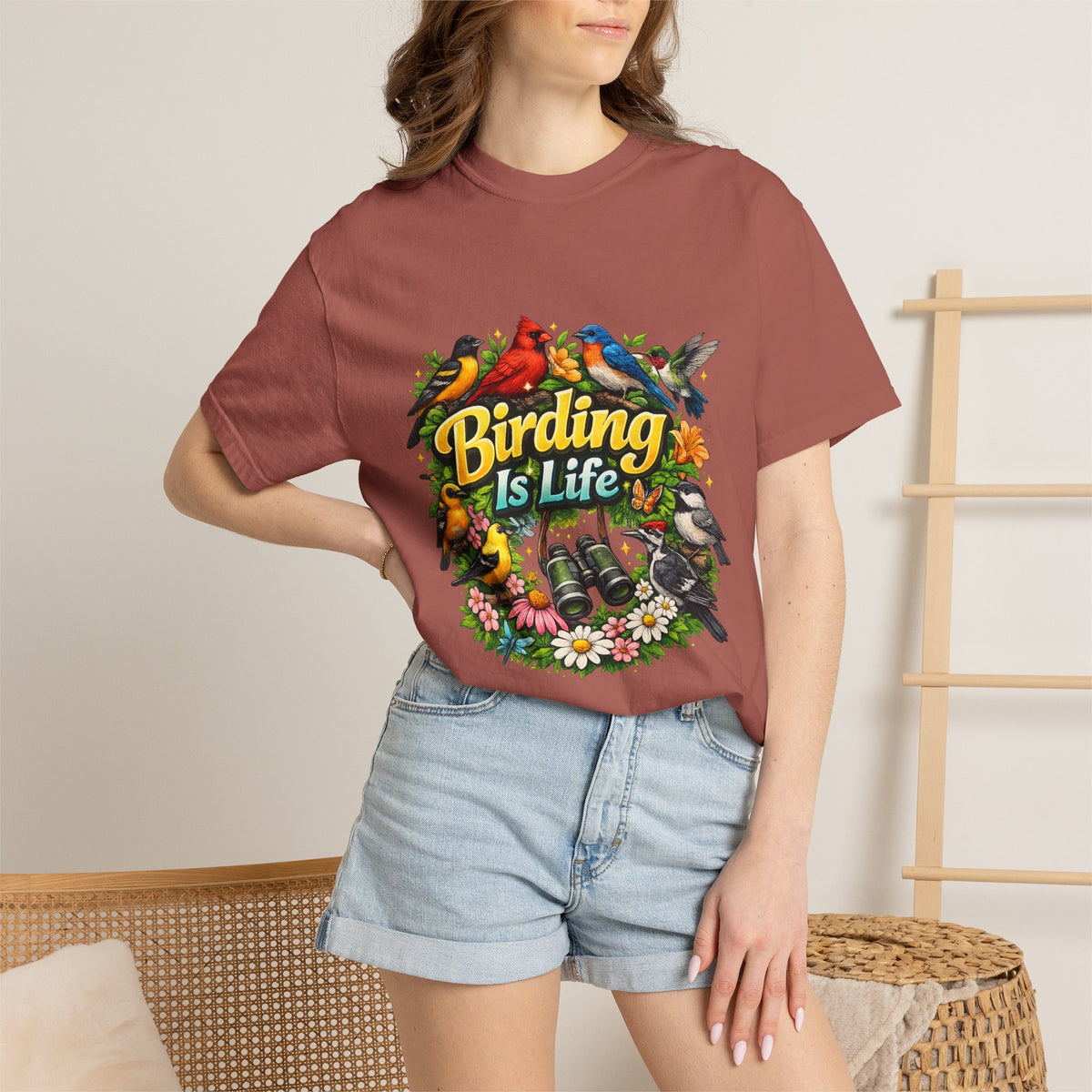Birding Is Life T-shirt | Colorful Songbirds, Binoculars, Floral Design