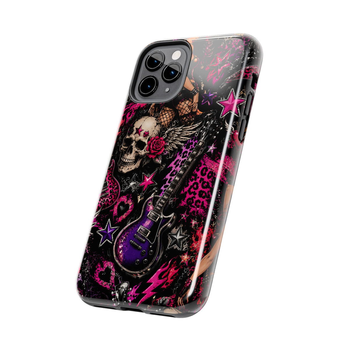 Rock Skull Guitar Phone Case — Edgy Pink Skull & Roses Tough Phone Case