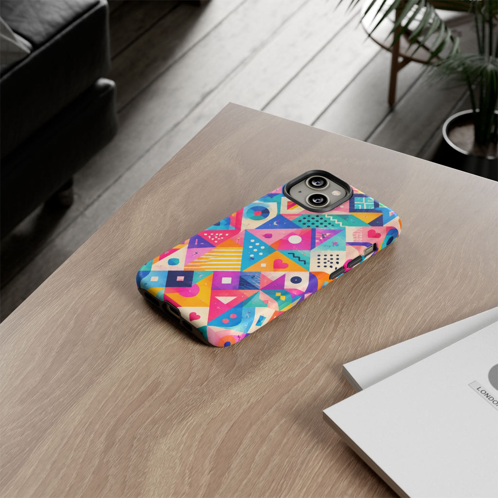 Colorful Geometric Tough Phone Case — Bright Abstract Heart & Triangle Pattern