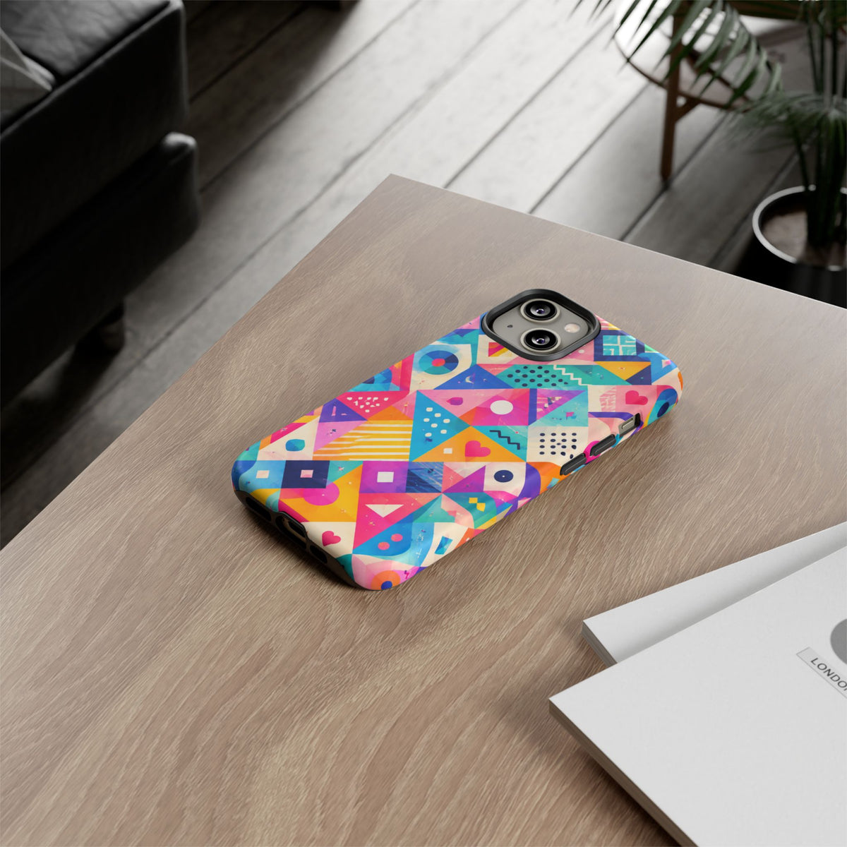 Colorful Geometric Tough Phone Case — Bright Abstract Heart & Triangle Pattern