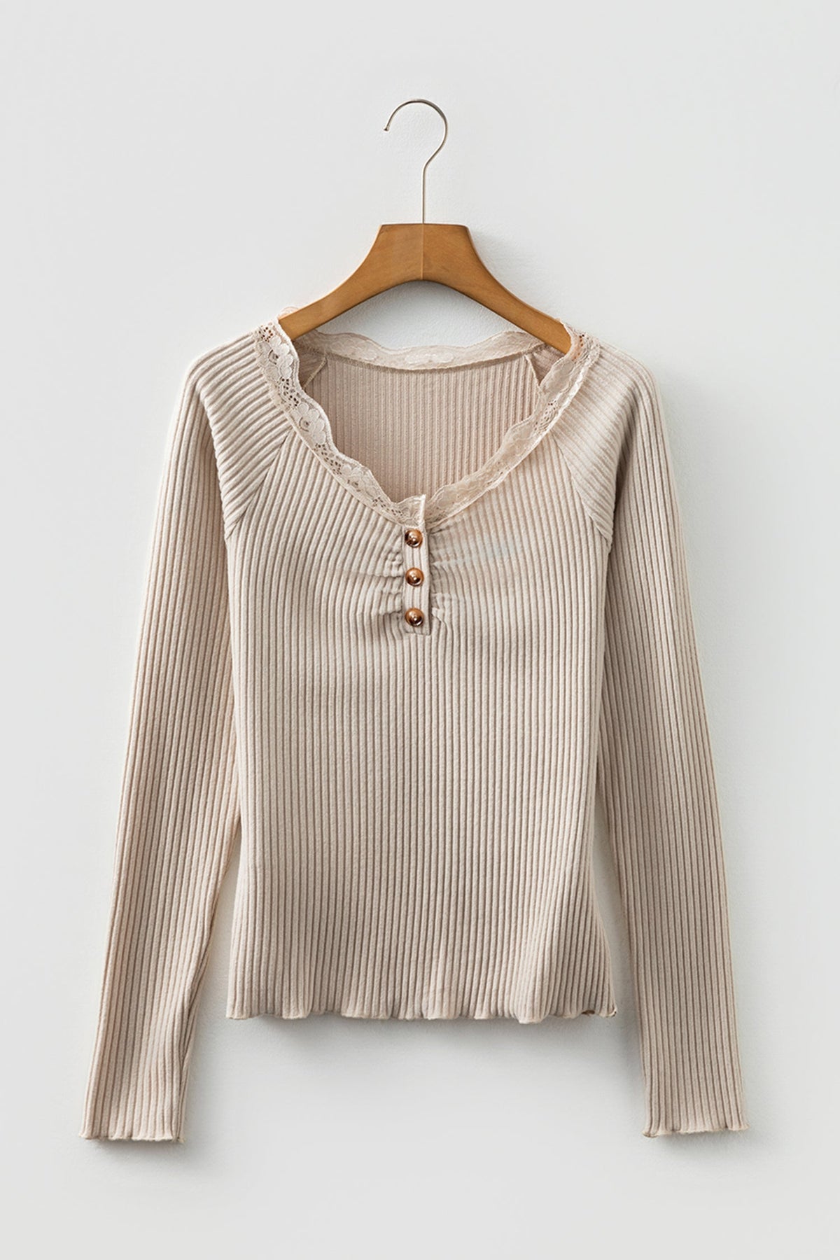Solid Ribbed Lace Neckline Long Sleeve Top