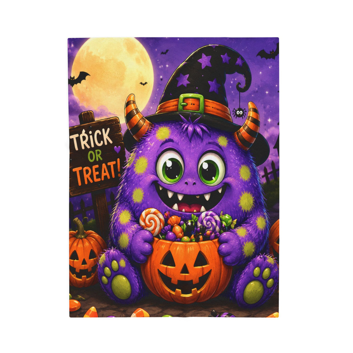 Halloween Monster Velveteen Plush Blanket – Cute Purple Trick or Treat Design