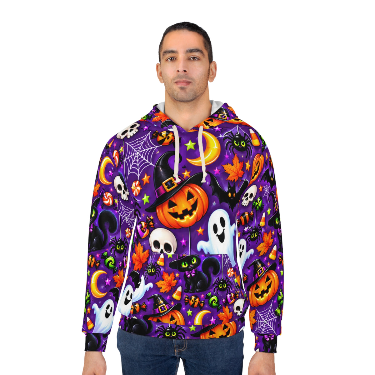 Halloween Allover Print Hoodie — Cute Spooky Ghosts, Pumpkins & Skulls