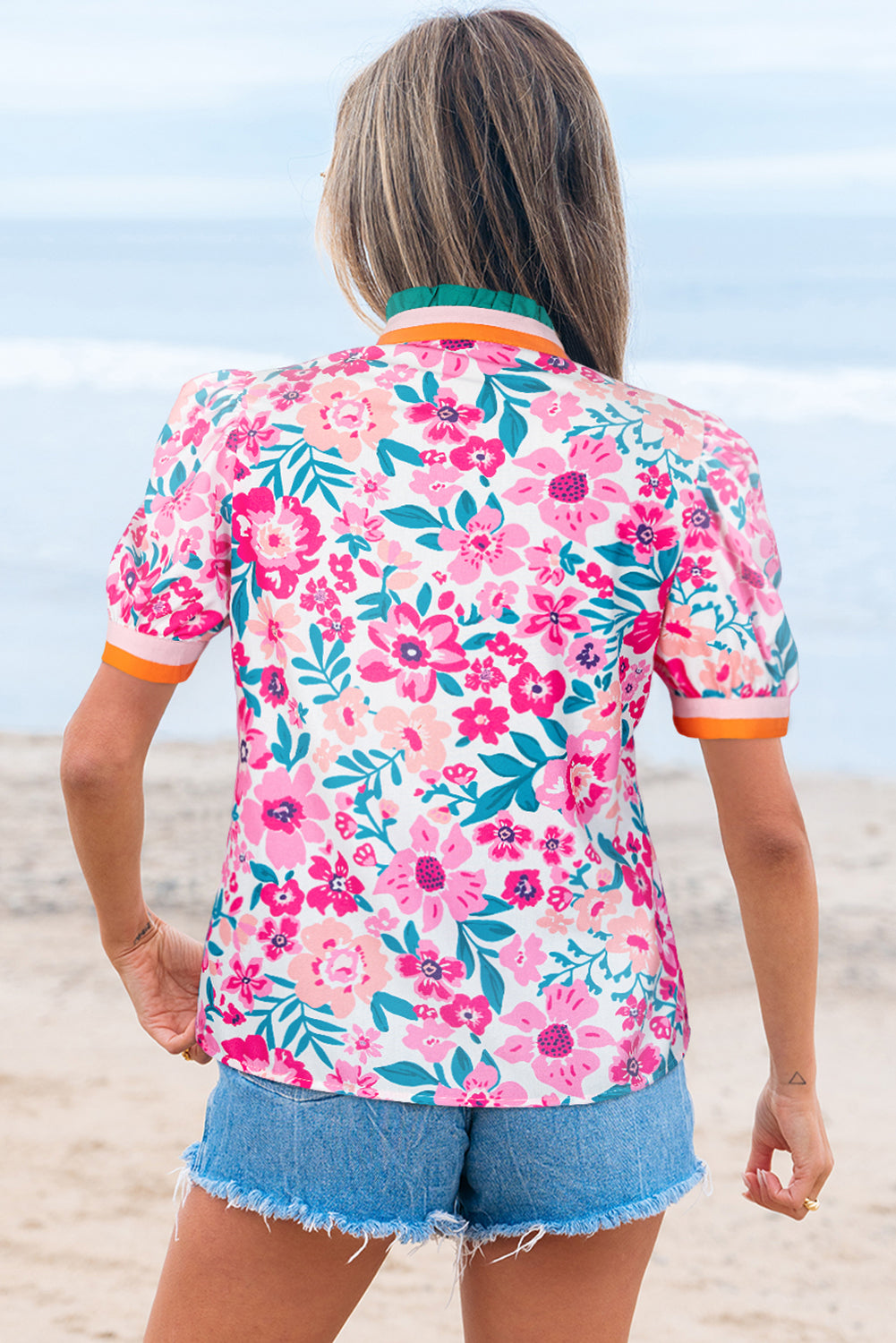 Floral Contrast Stripe Short Sleeve Blouse
