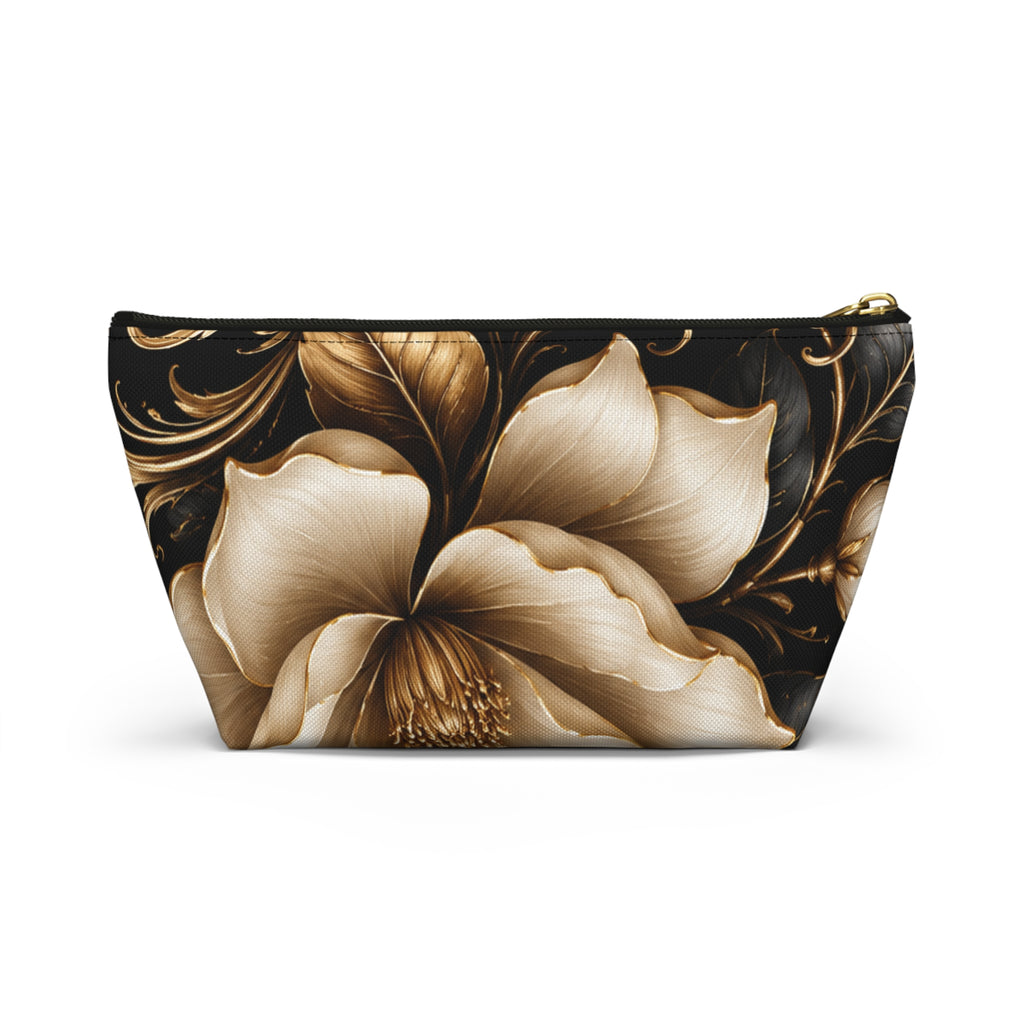 Floral Tapestry Accessory Pouch — Gold & Black Magnolia Makeup Bag
