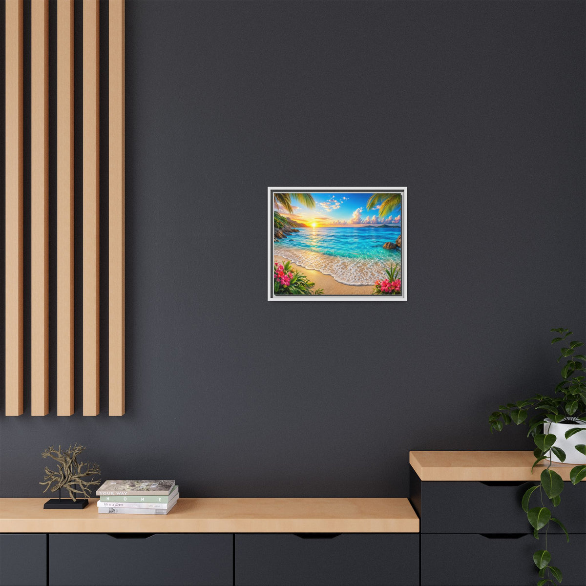 Framed Beach Sunset Matte Canvas Wall Art — Tropical Ocean Sunrise Decor