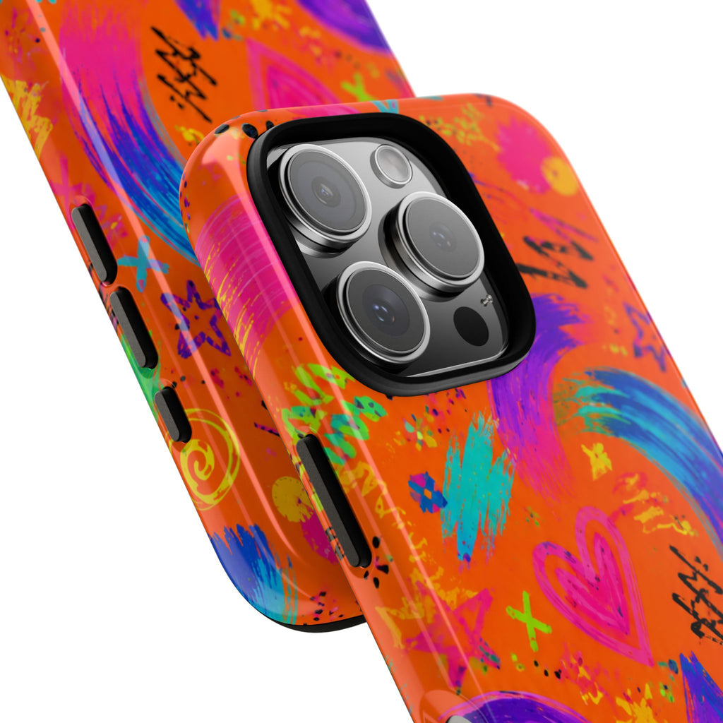 Colorful Neon Doodle Phone Case — Bright Abstract Stars & Hearts Tough Case