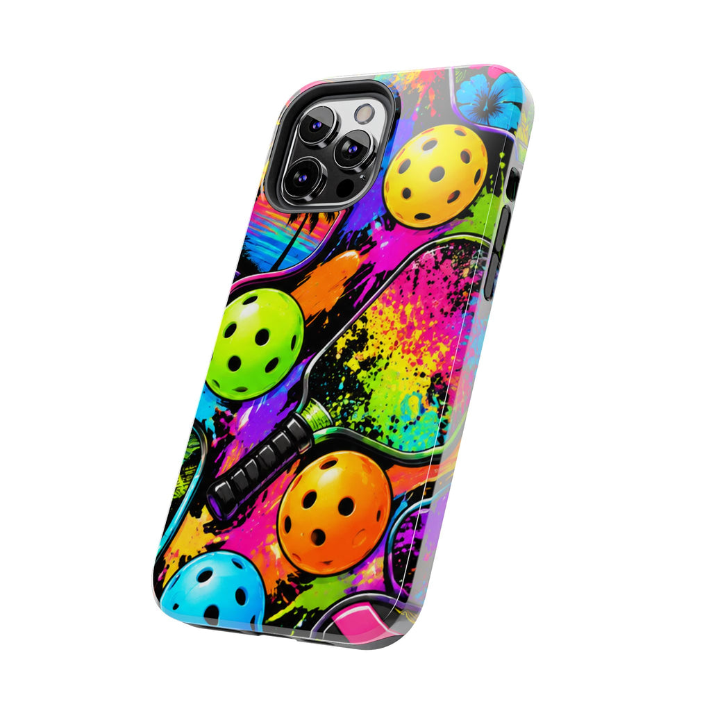 Pickleball Splash Tough Phone Case — Neon Paddle & Ball Protective Cover