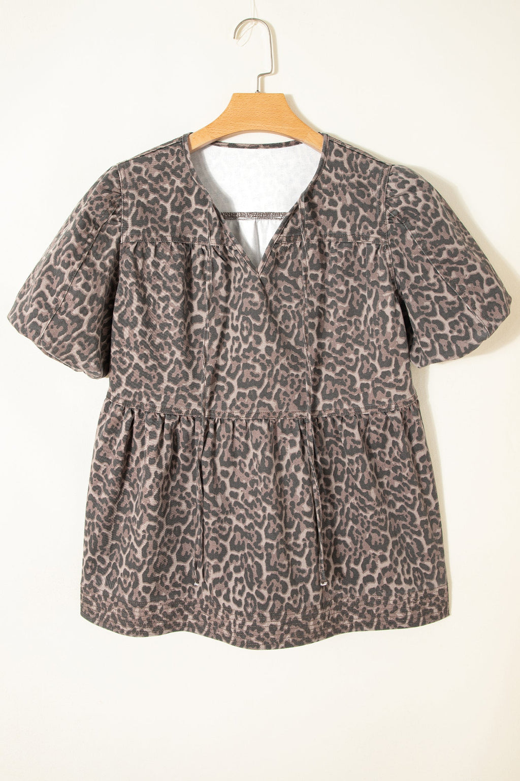 Leopard Denim Tie Neck Puff Sleeve Babydoll Top