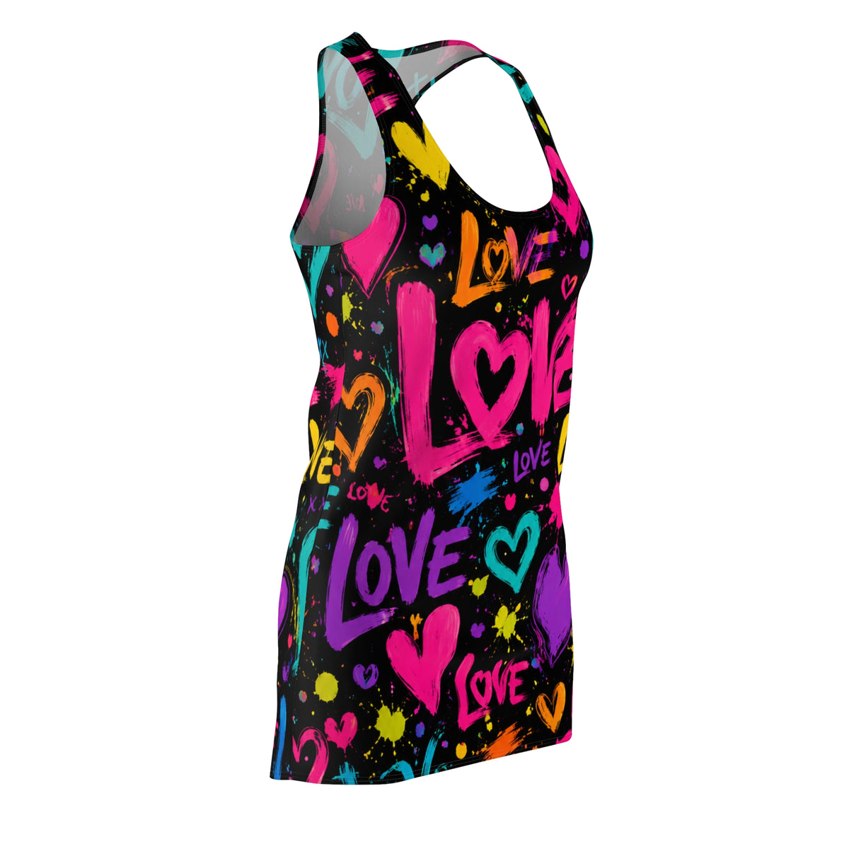 Neon Graffiti "Love" Racerback Dress — Colorful Heart Print AOP