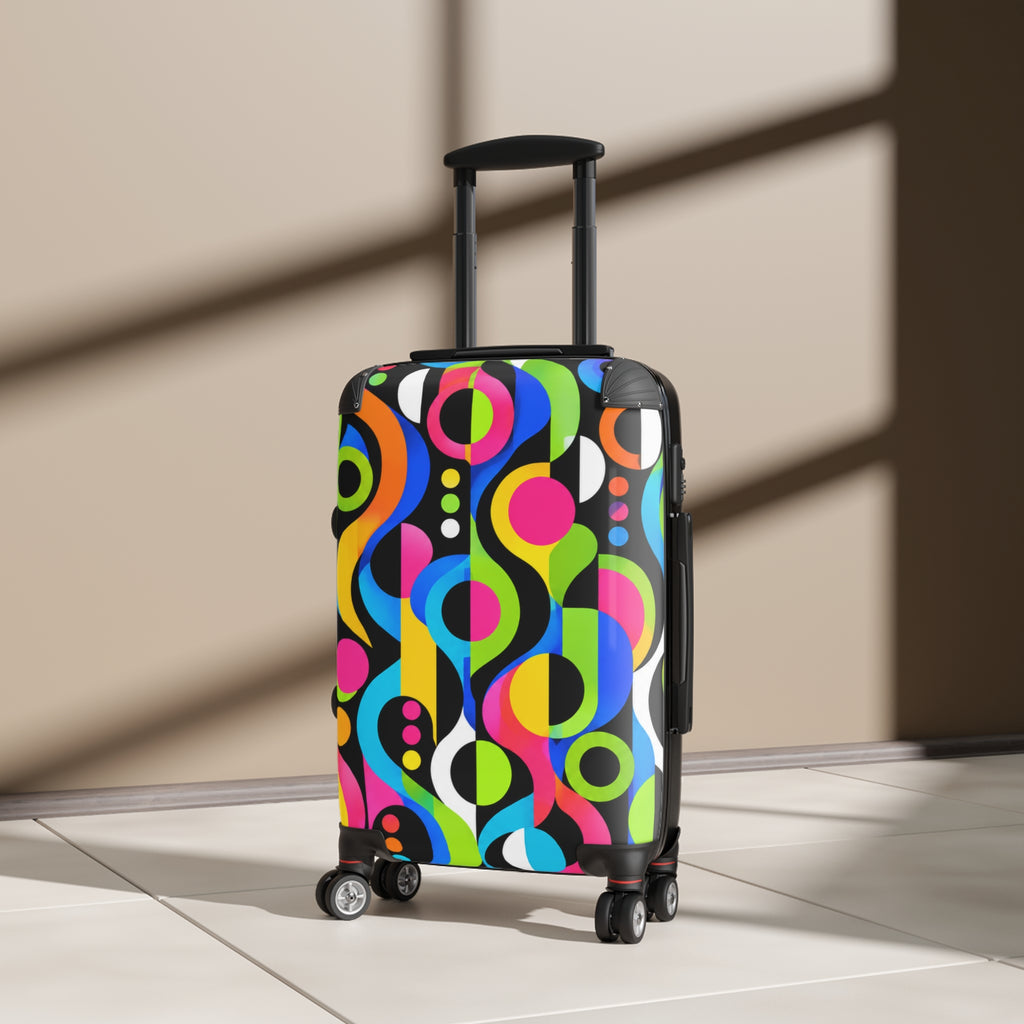 Retro Pop Geometric Carry-On Suitcase — Colorful 70s-Inspired Travel Luggage