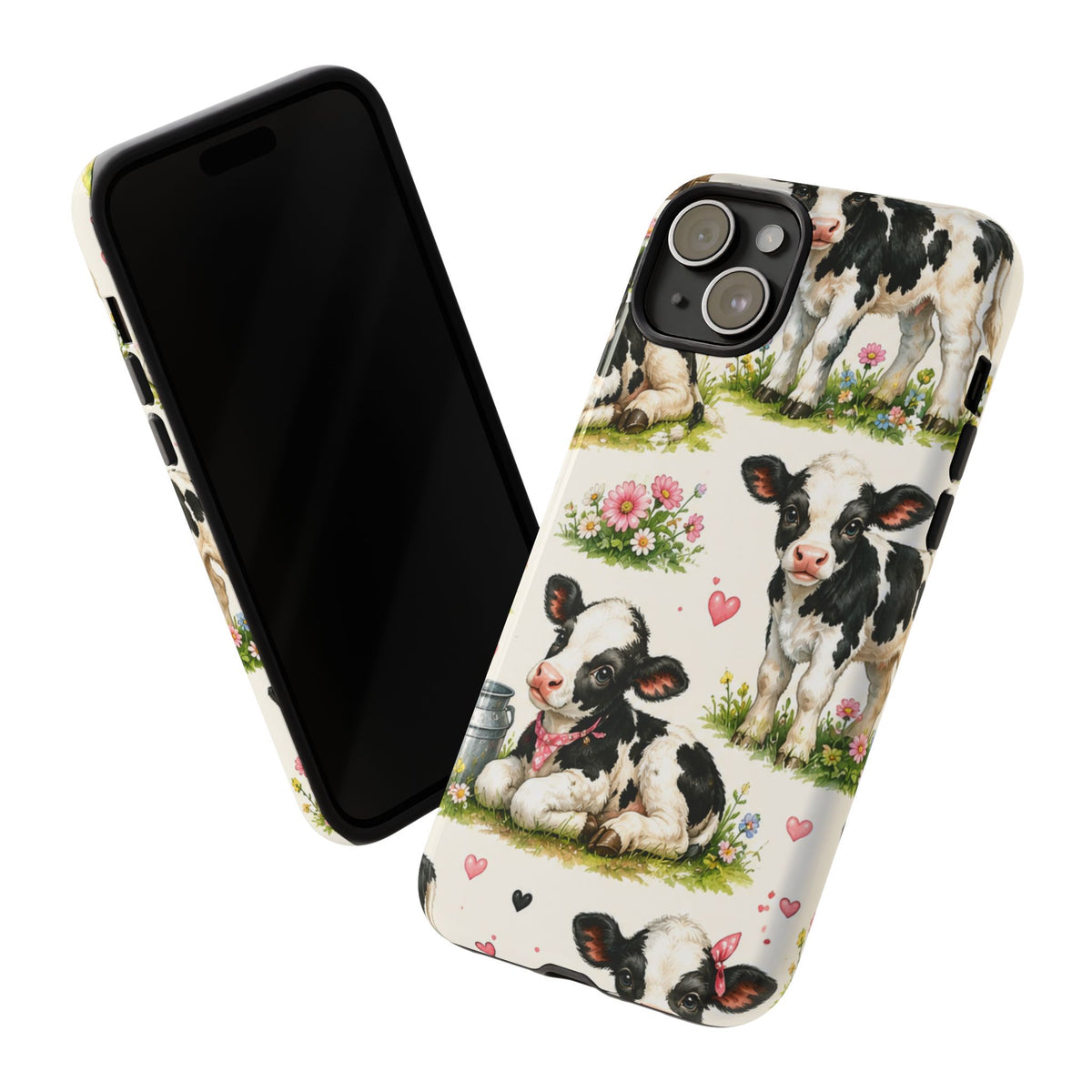 Cute Calf Pattern Phone Case – Pastel Cow Hearts & Flowers Protective Cover