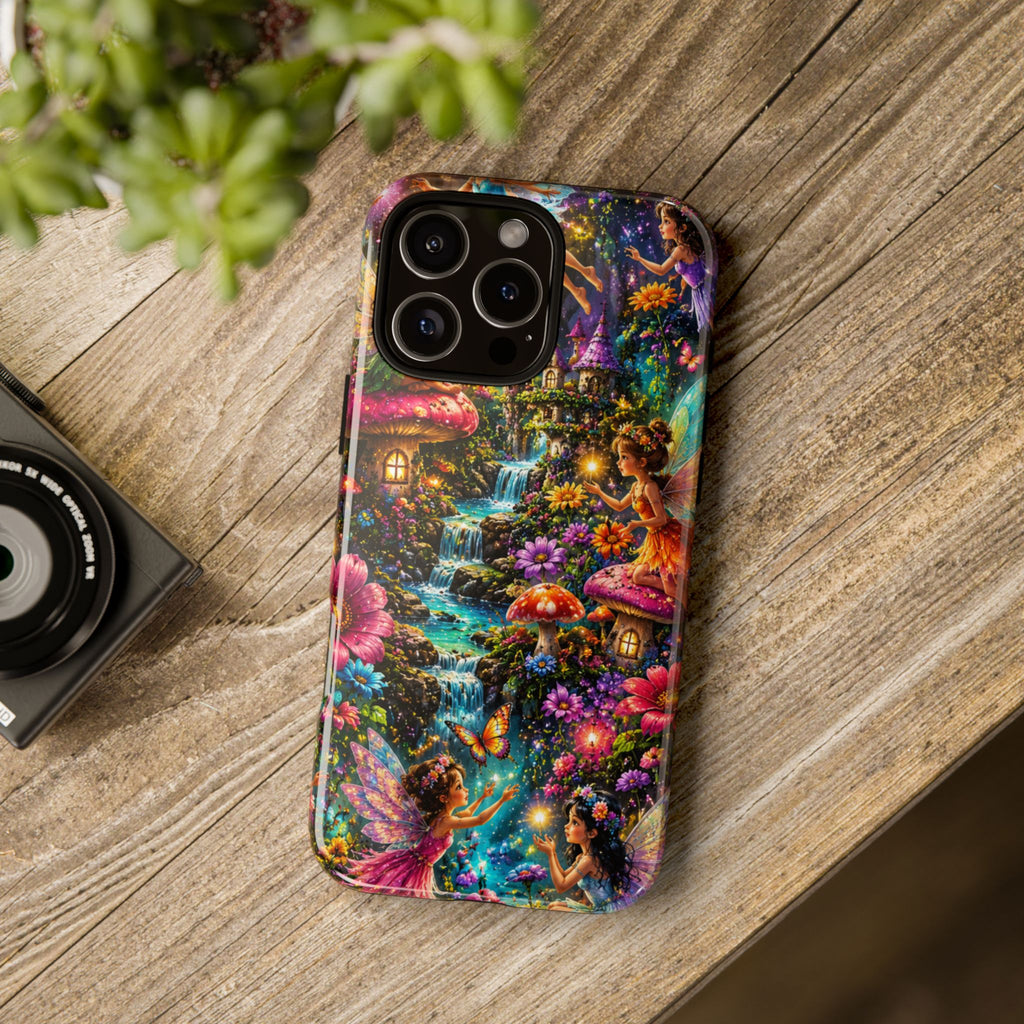 Fairy Garden Tough Phone Case — Whimsical Cottage, Waterfall & Mushroom Artwork
