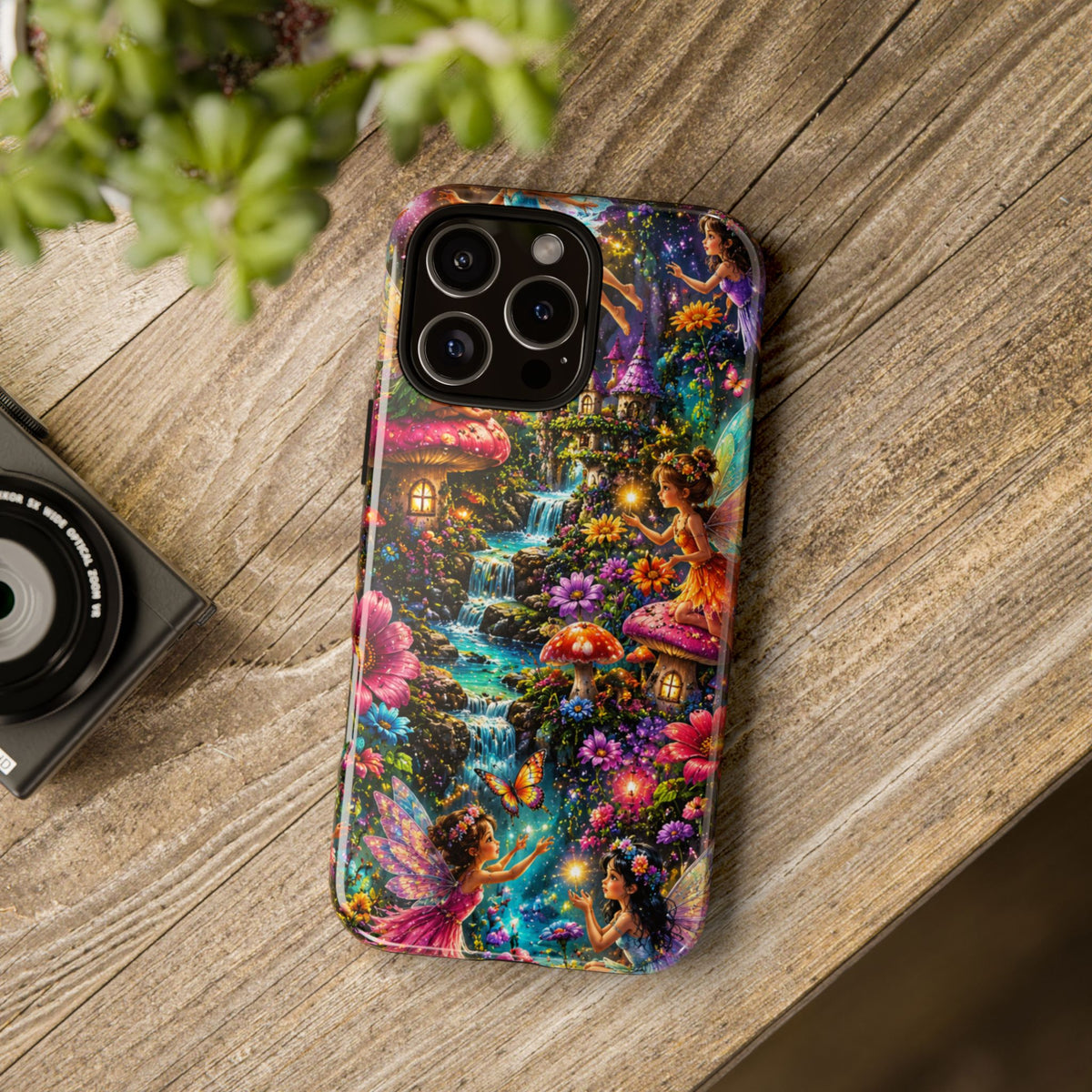 Fairy Garden Tough Phone Case — Whimsical Cottage, Waterfall & Mushroom Artwork