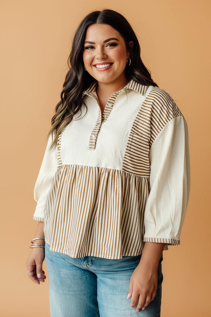Plus Size Stripe Colorblock Patchwork Half-Button Blouse