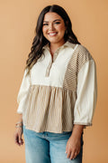 Plus Size Stripe Colorblock Patchwork Half-Button Blouse