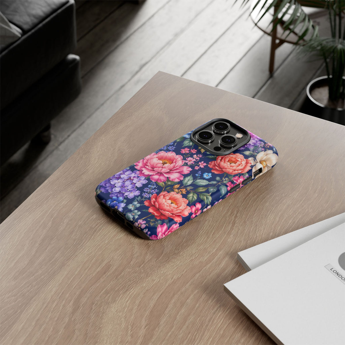 Floral Tough Phone Case – Vibrant Garden Flowers on Navy