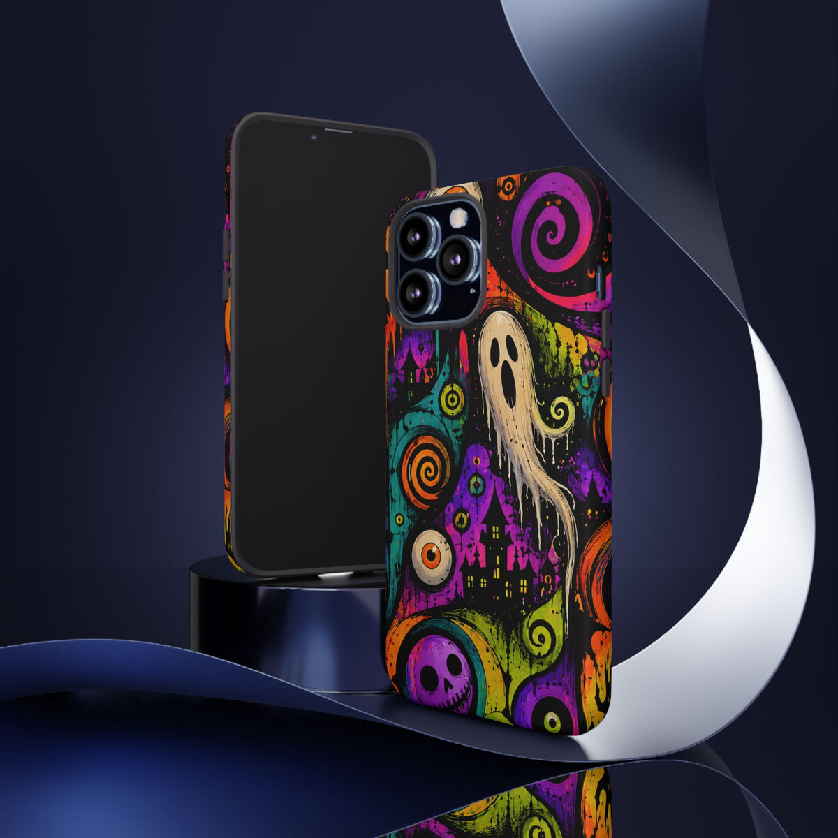 Halloween Ghost Phone Case — Colorful Spooky Skull & Haunted House Tough Case