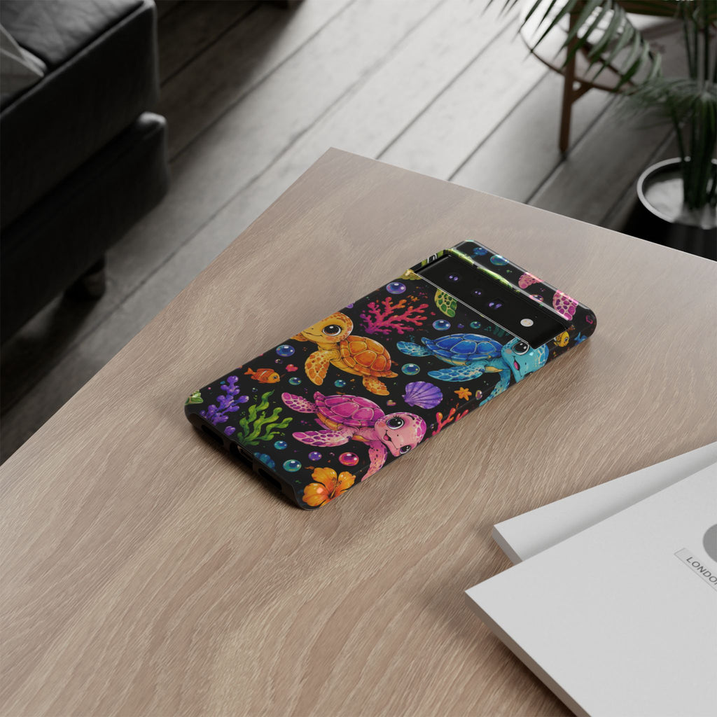 Phone Case — Colorful Cute Sea Turtles on Black (Protective Smartphone Cover)