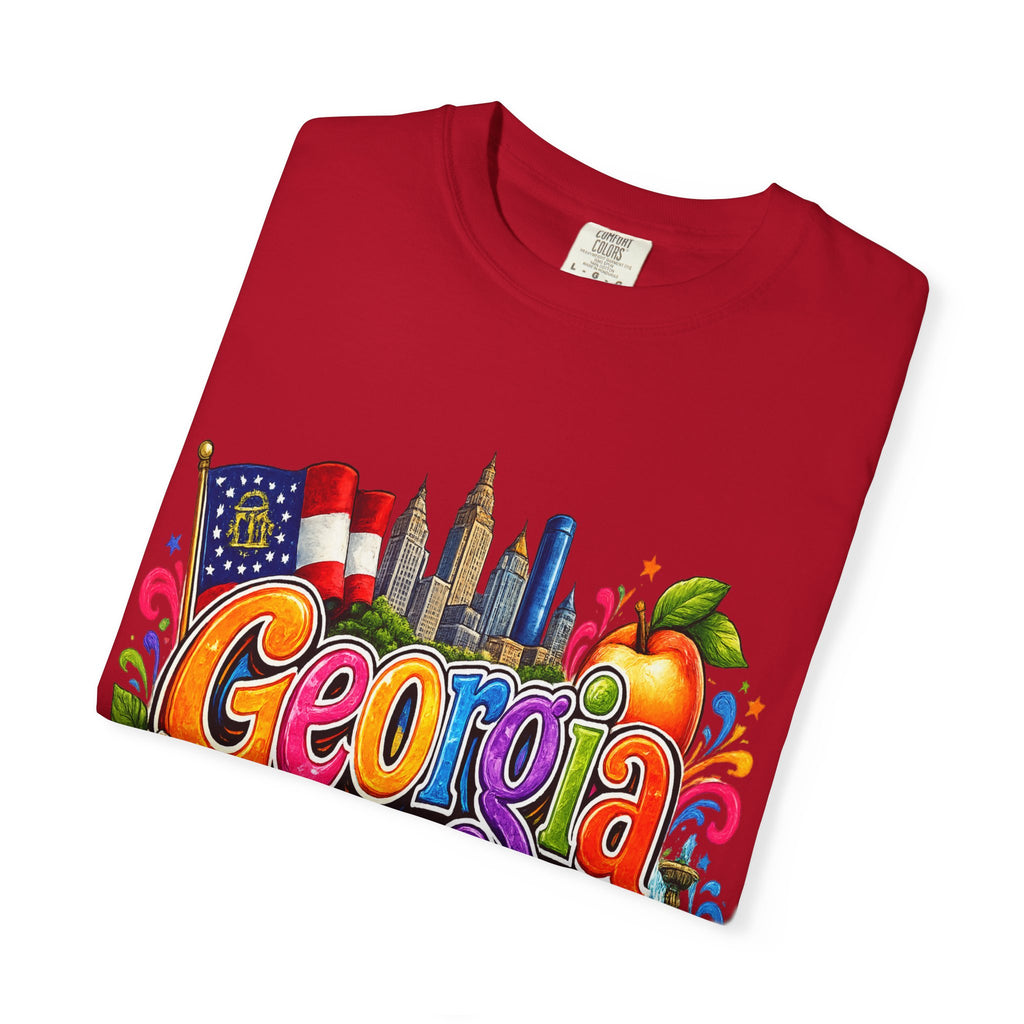 Georgia state illustration T-shirt | Atlanta skyline, peach, magnolia