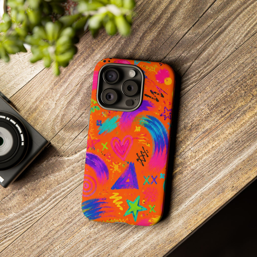 Colorful Neon Doodle Phone Case — Bright Abstract Stars & Hearts Tough Case