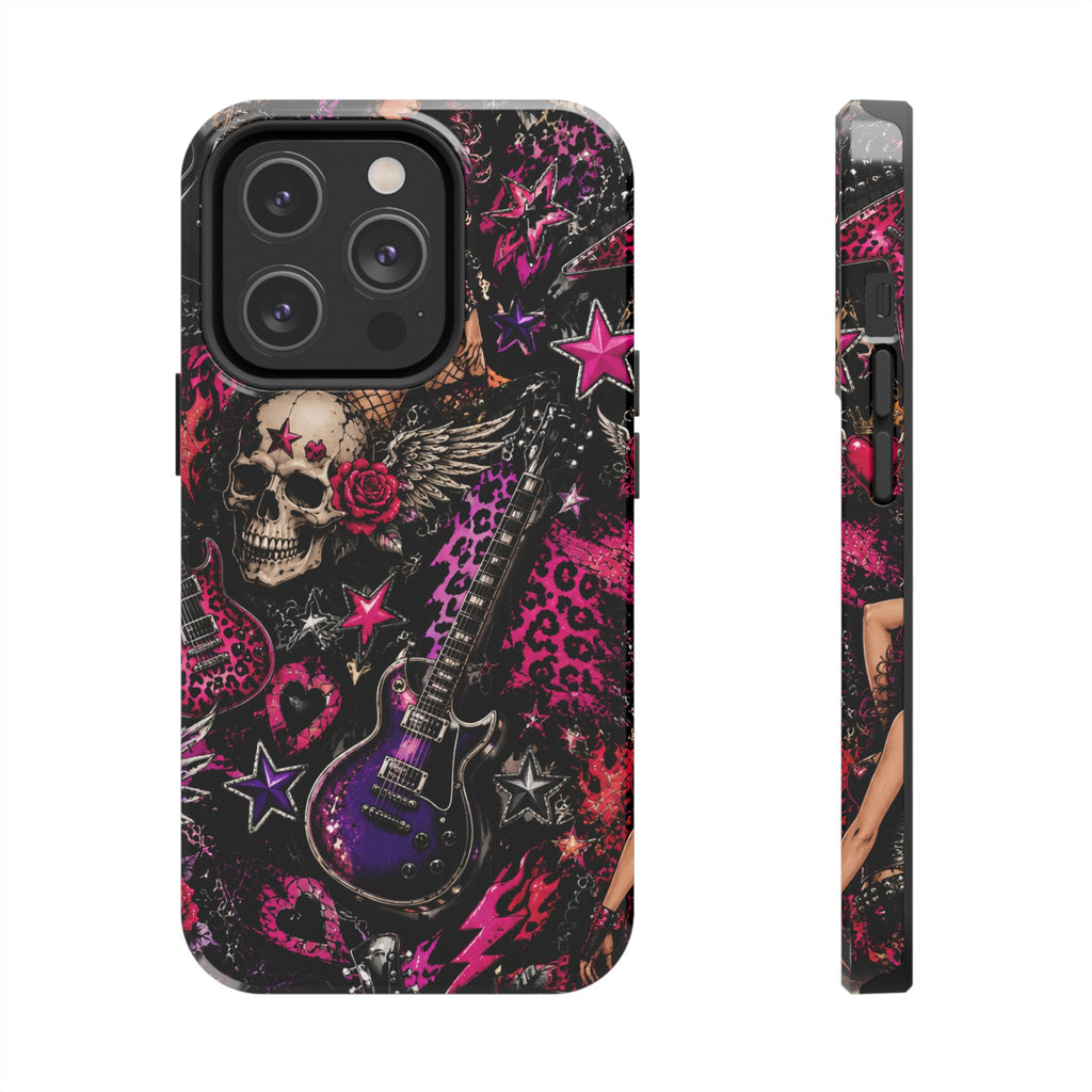 Rock Skull Guitar Phone Case — Edgy Pink Skull & Roses Tough Phone Case