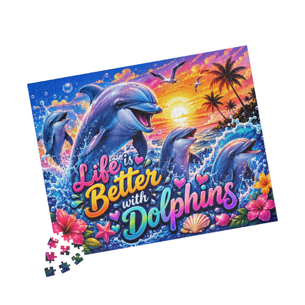 Life Is Better with Dolphins Puzzle | Ocean Sunset Dolphin Jigsaw