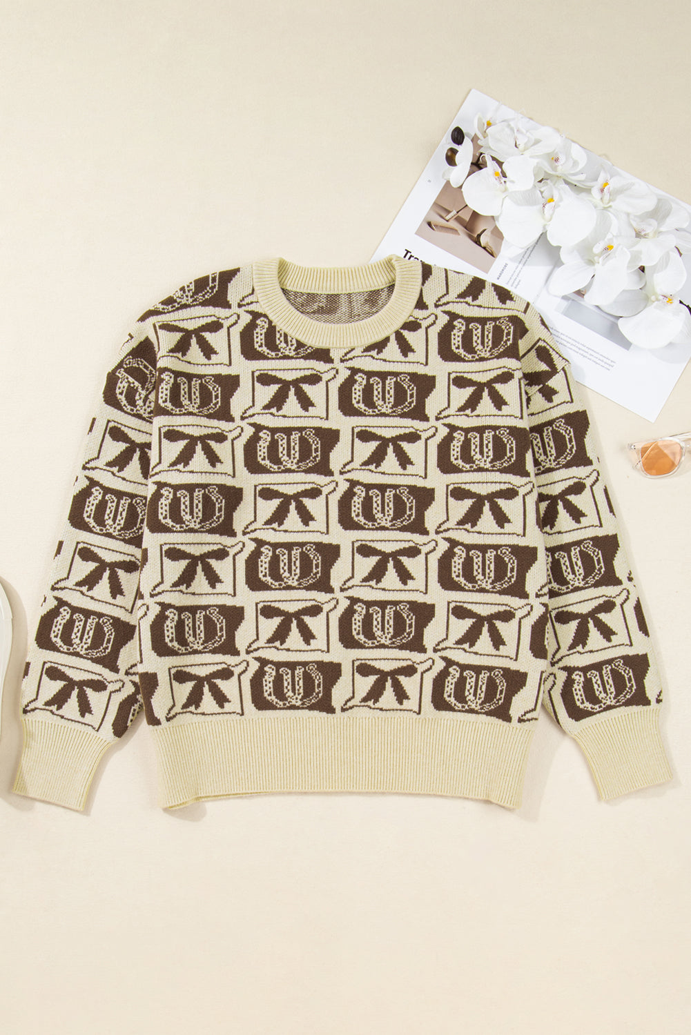 Plus Size Western Bows & Horseshoes Long Sleeve Sweater