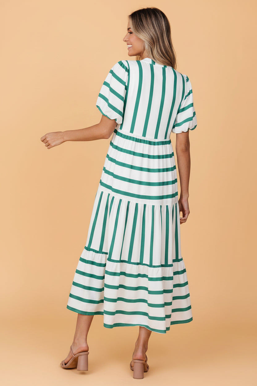 Stripe Ricrac Trim Notched Neck Midi Dress