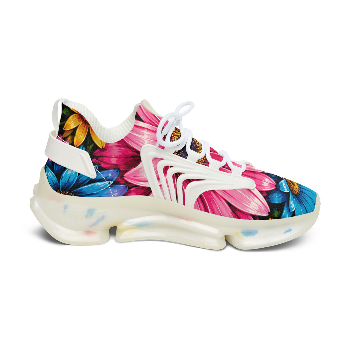 Floral Mesh Sneakers — Pink & Blue Daisy Athletic Shoes for Women