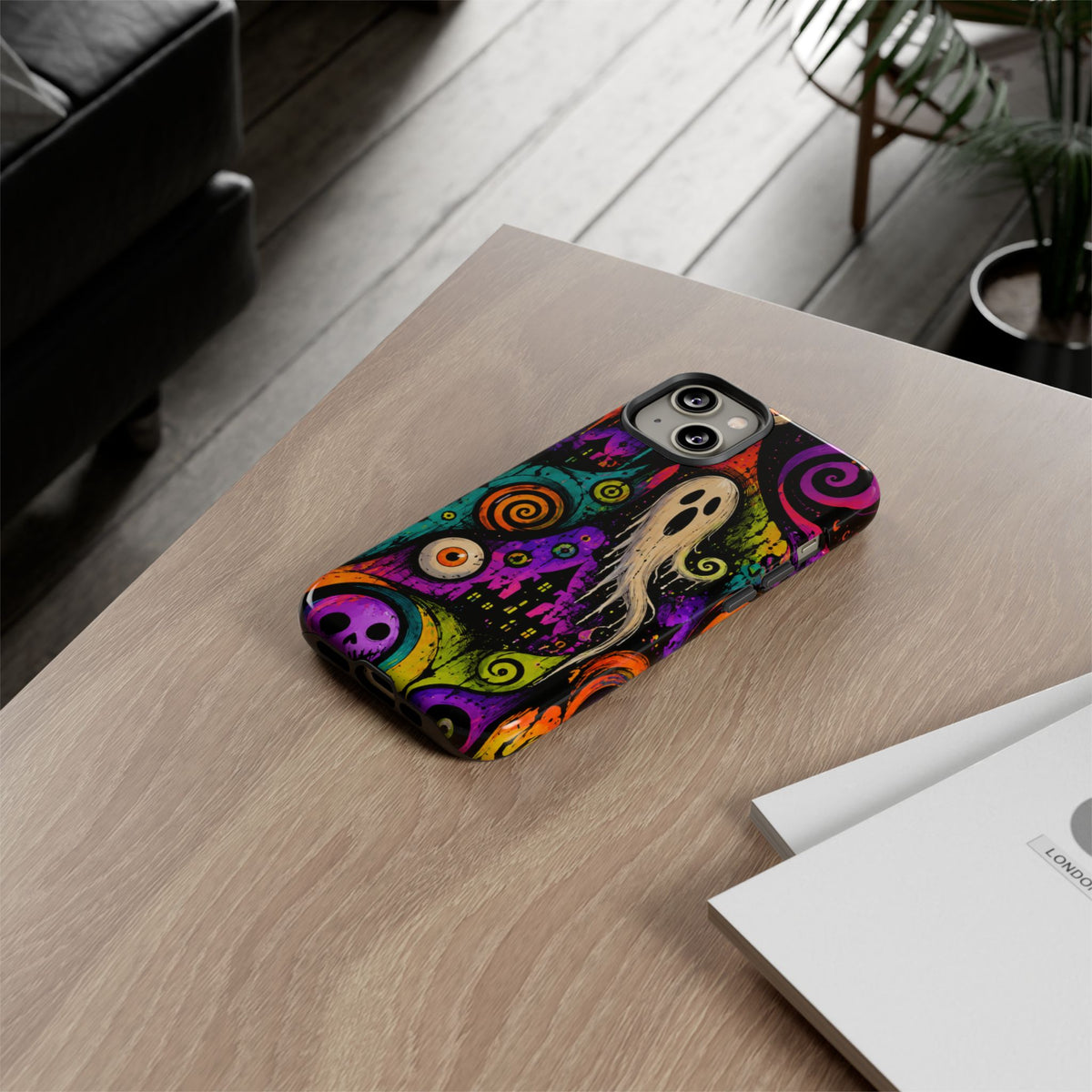 Halloween Ghost Phone Case — Colorful Spooky Skull & Haunted House Tough Case