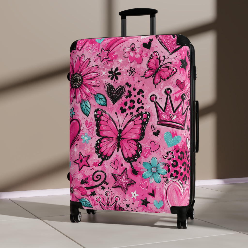 Pink Butterfly Suitcase – Kids’ Rolling Carry-On with Floral & Crown Design
