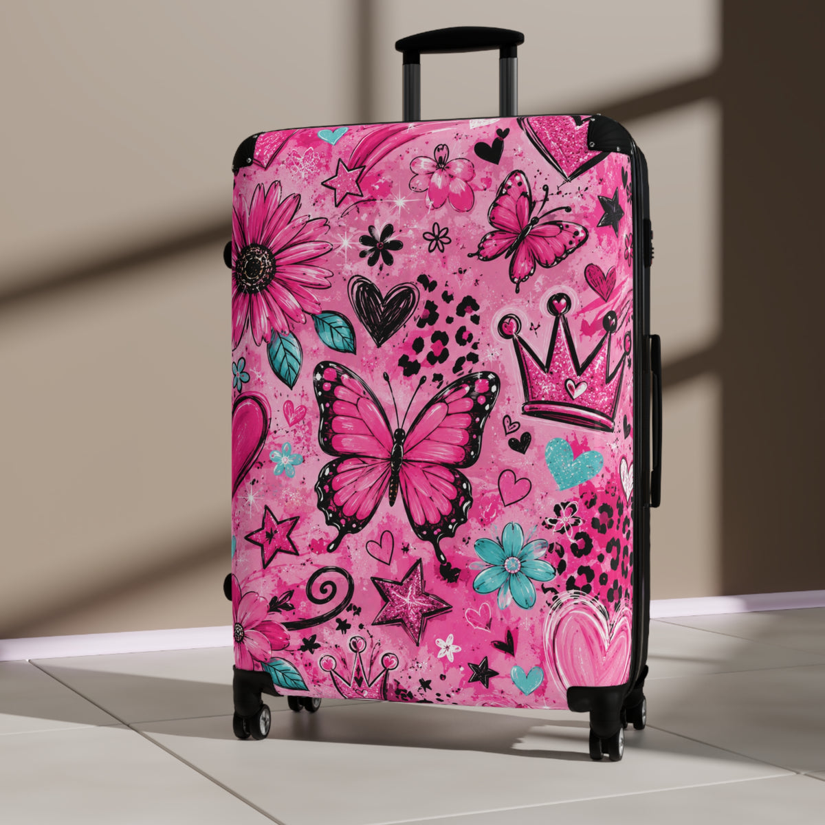Pink Butterfly Suitcase – Kids’ Rolling Carry-On with Floral & Crown Design
