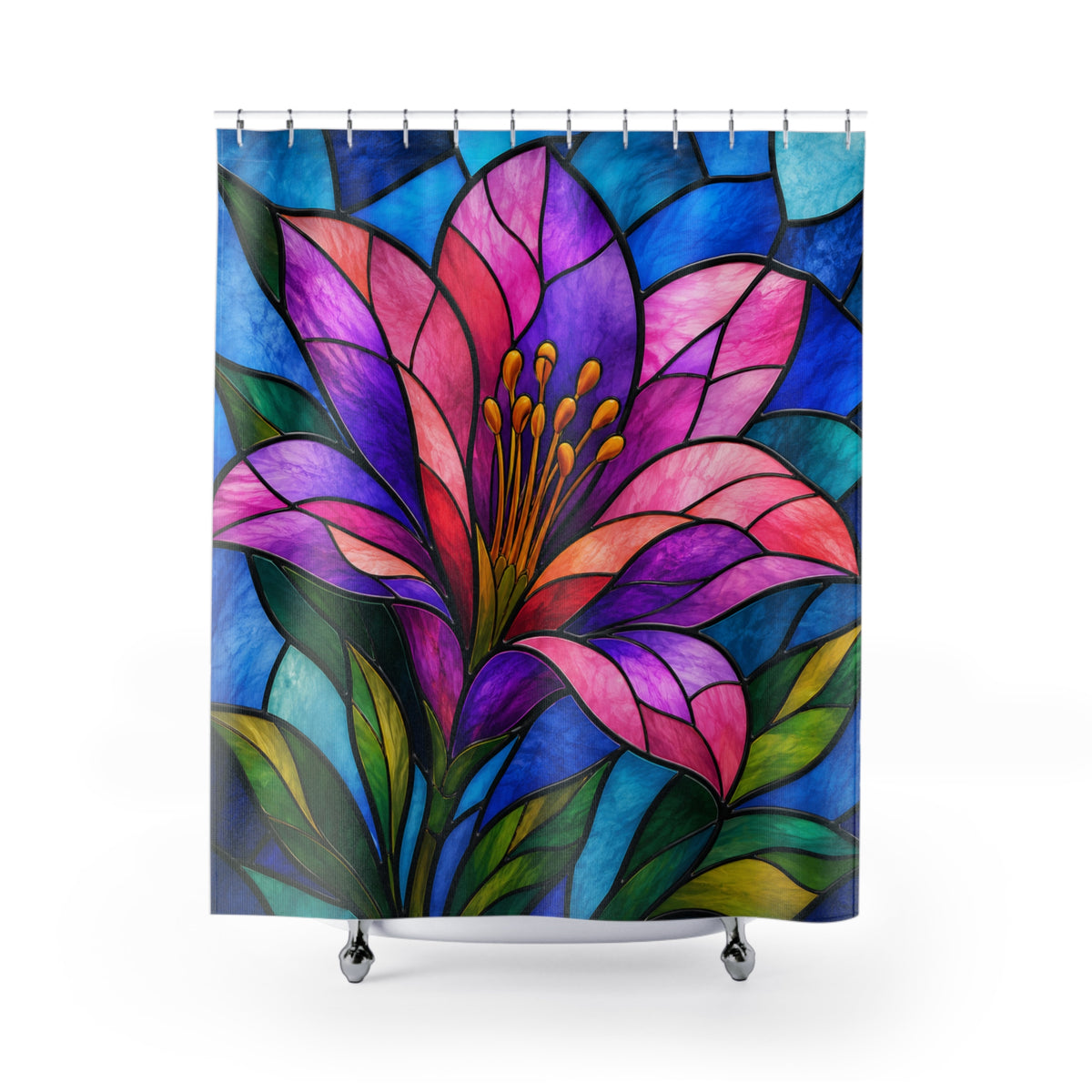 Stained Glass Floral Shower Curtain – Vibrant Purple & Blue Lily Bathroom Decor