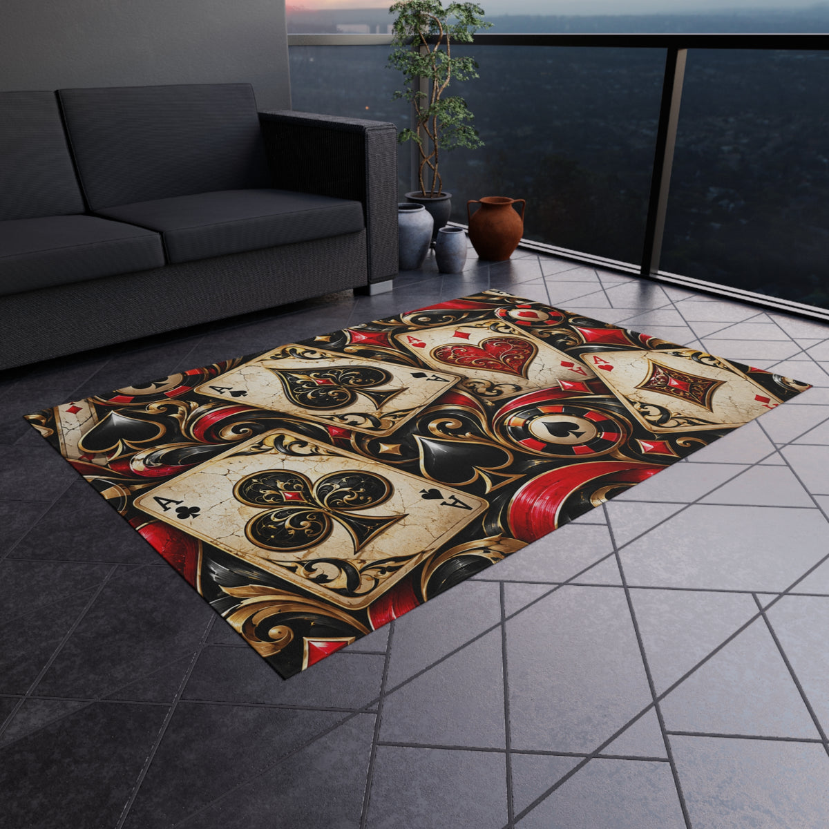 Vintage Playing Cards Outdoor Rug — Casino Poker Patio Mat