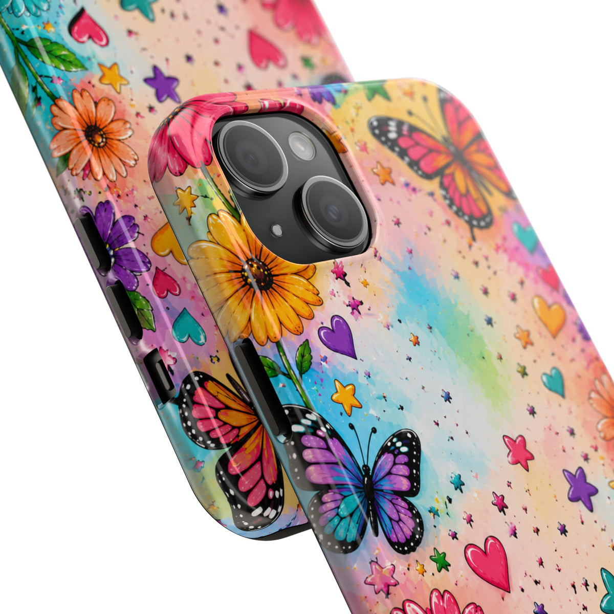 Colorful Butterflies and Flowers Tough Phone Case | Rainbow Hearts Stars