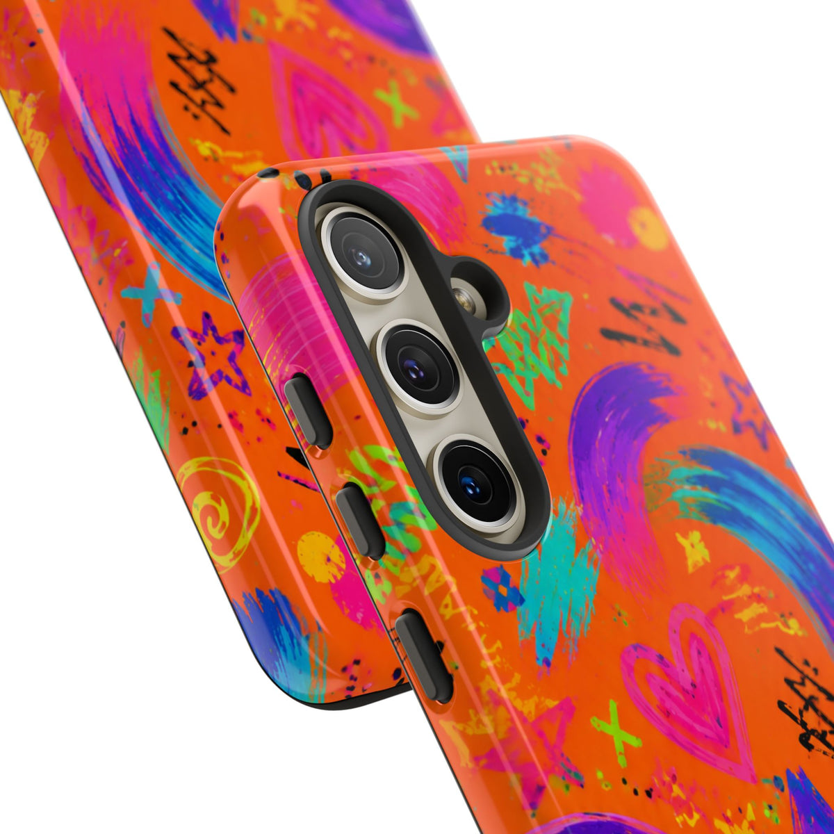 Colorful Neon Doodle Phone Case — Bright Abstract Stars & Hearts Tough Case
