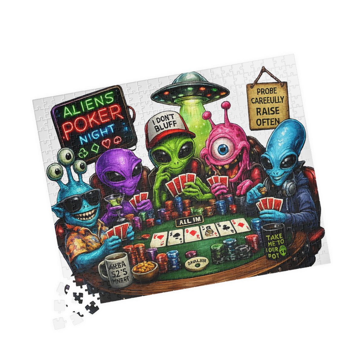 Aliens Poker Night Puzzle | Card Game Alien Illustration Jigsaw
