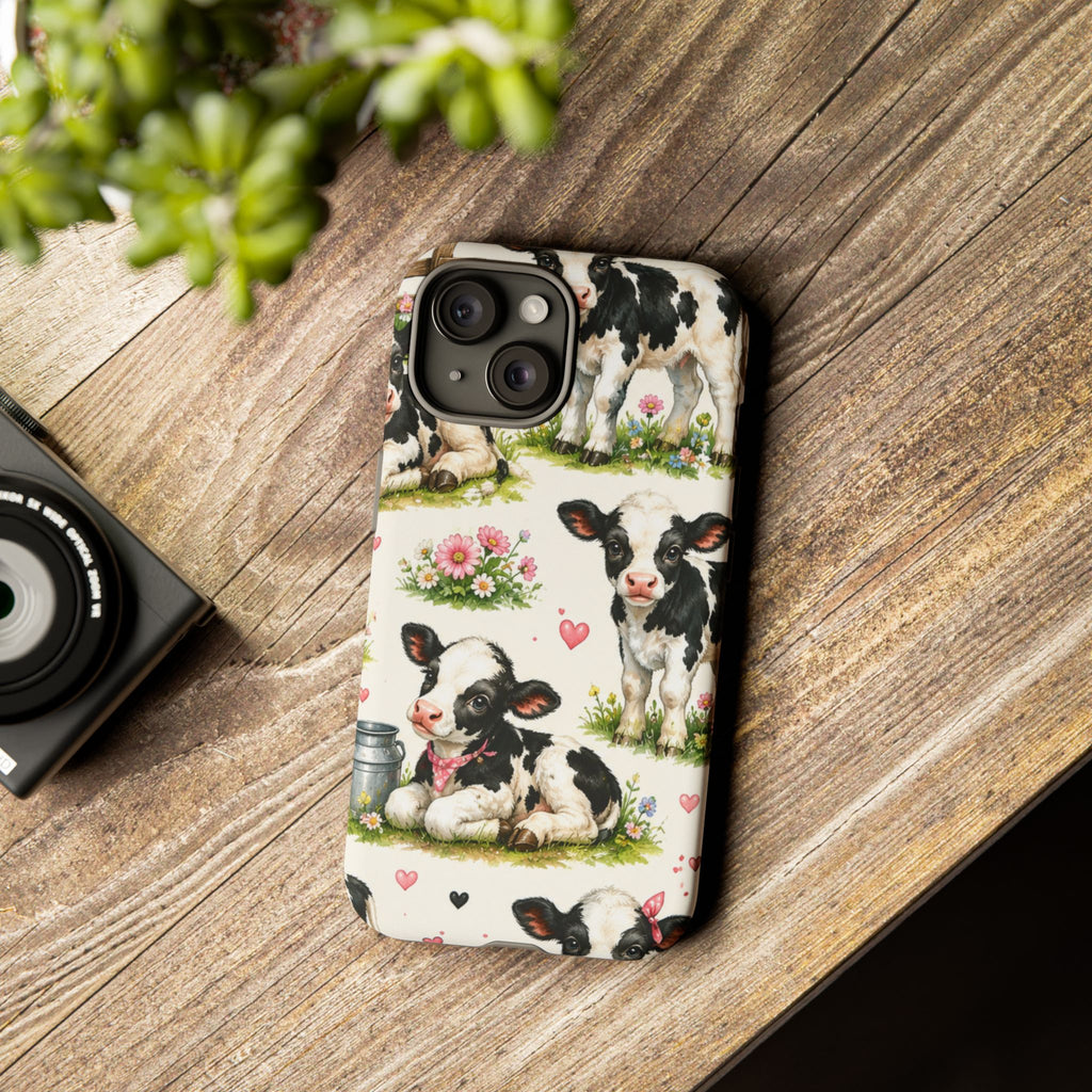 Cute Calf Pattern Phone Case – Pastel Cow Hearts & Flowers Protective Cover