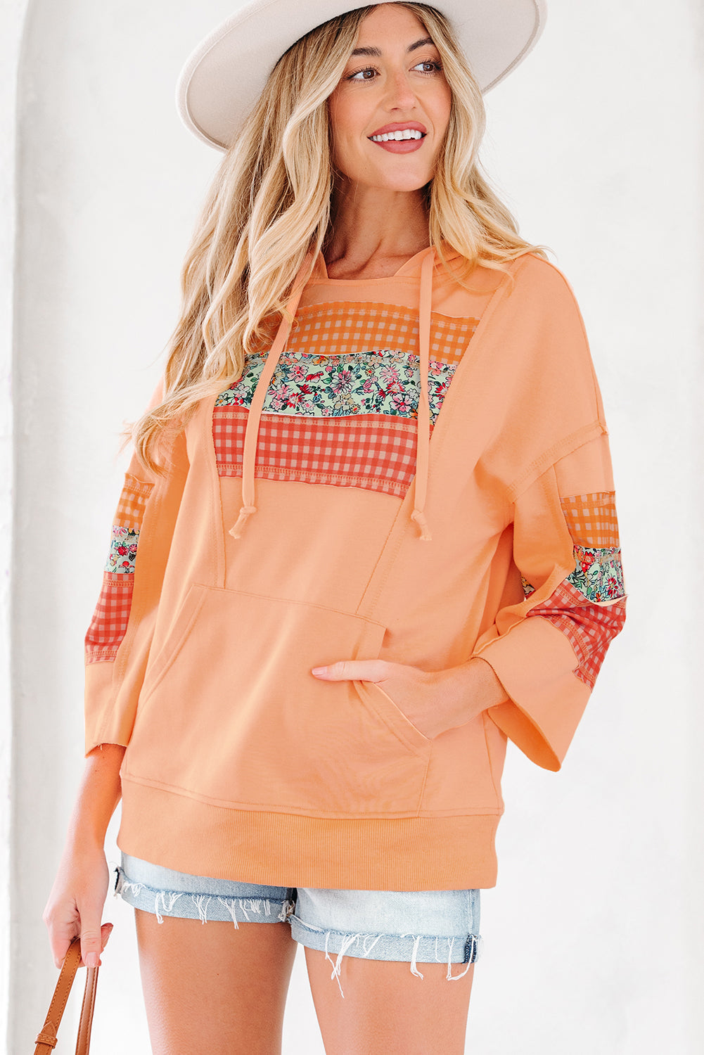 Plaid Floral Patchwork Kangaroo Pocket Hooded Top