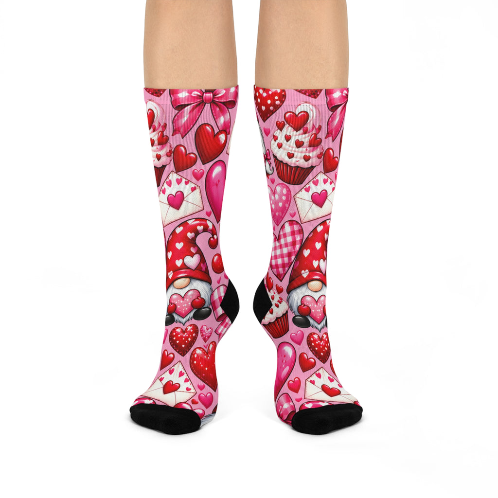 Valentine Heart Pattern Cushioned Crew Socks — Cute Pink Hearts, Envelopes & Cupcake Design