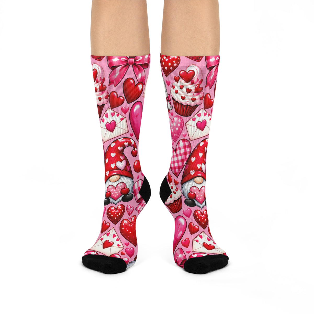 Valentine Heart Pattern Cushioned Crew Socks — Cute Pink Hearts, Envelopes & Cupcake Design