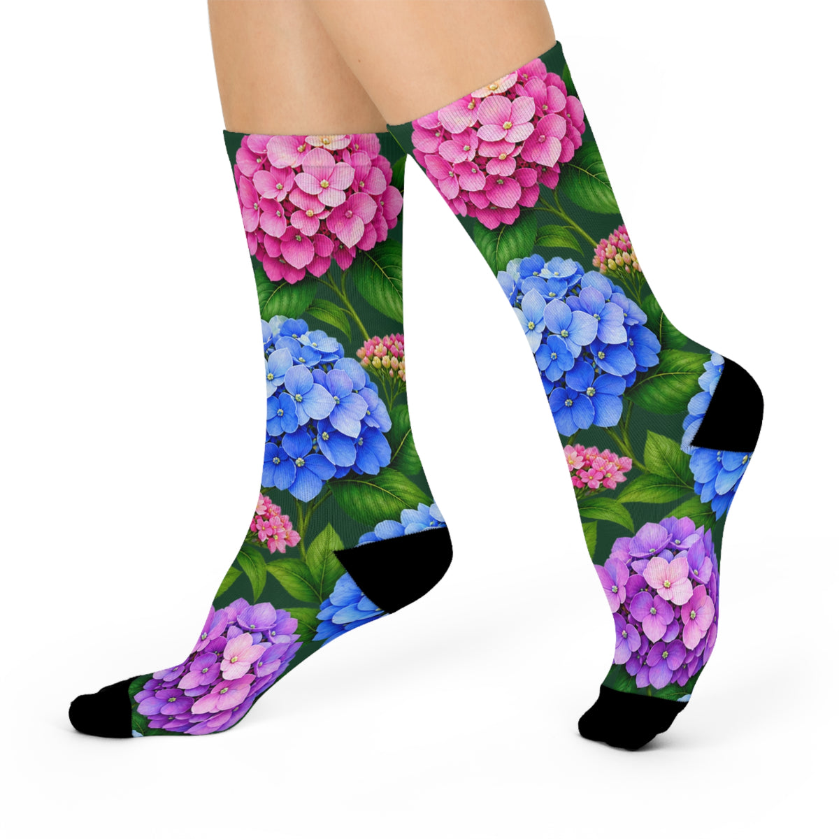 Hydrangea Floral Crew Socks | Pink Blue Purple Bloom Pattern