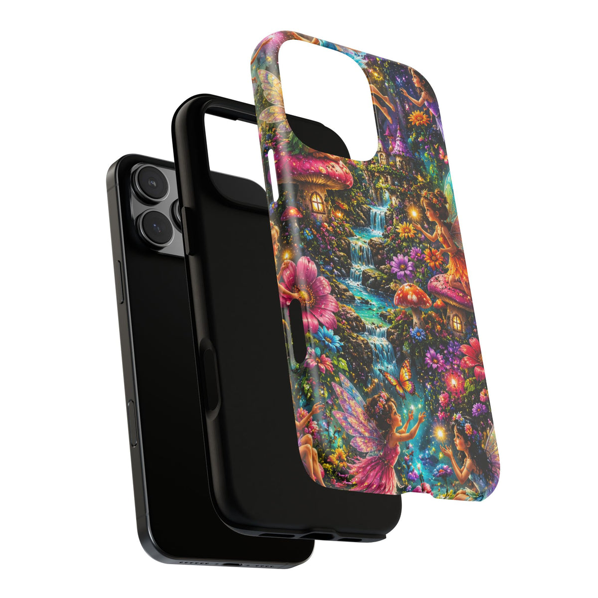Fairy Garden Tough Phone Case — Whimsical Cottage, Waterfall & Mushroom Artwork