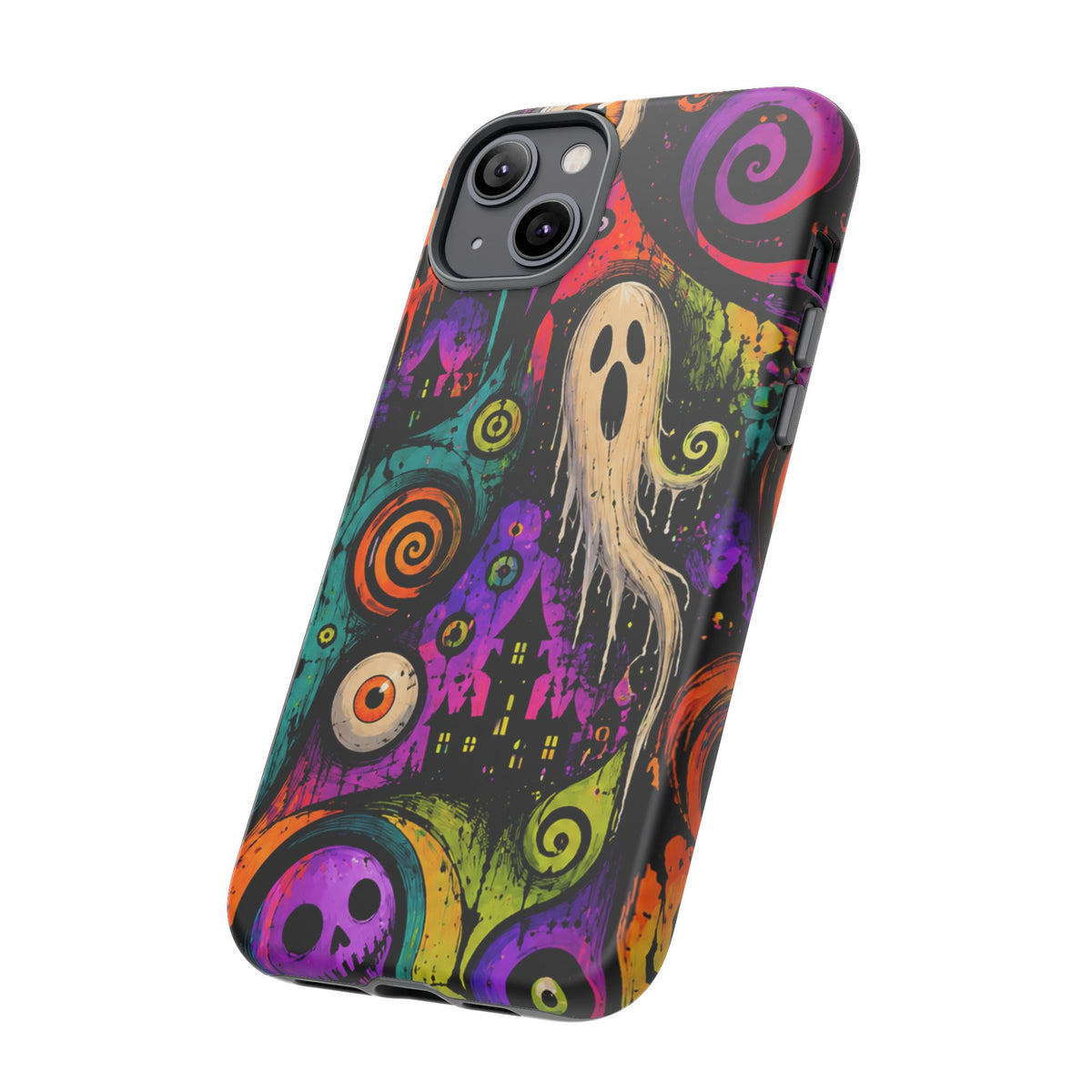 Halloween Ghost Phone Case — Colorful Spooky Skull & Haunted House Tough Case