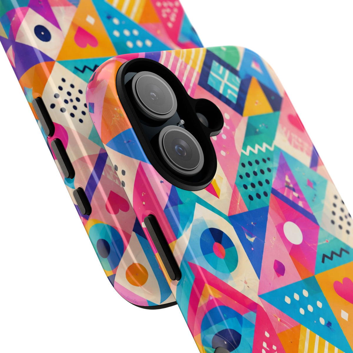 Colorful Geometric Tough Phone Case — Bright Abstract Heart & Triangle Pattern