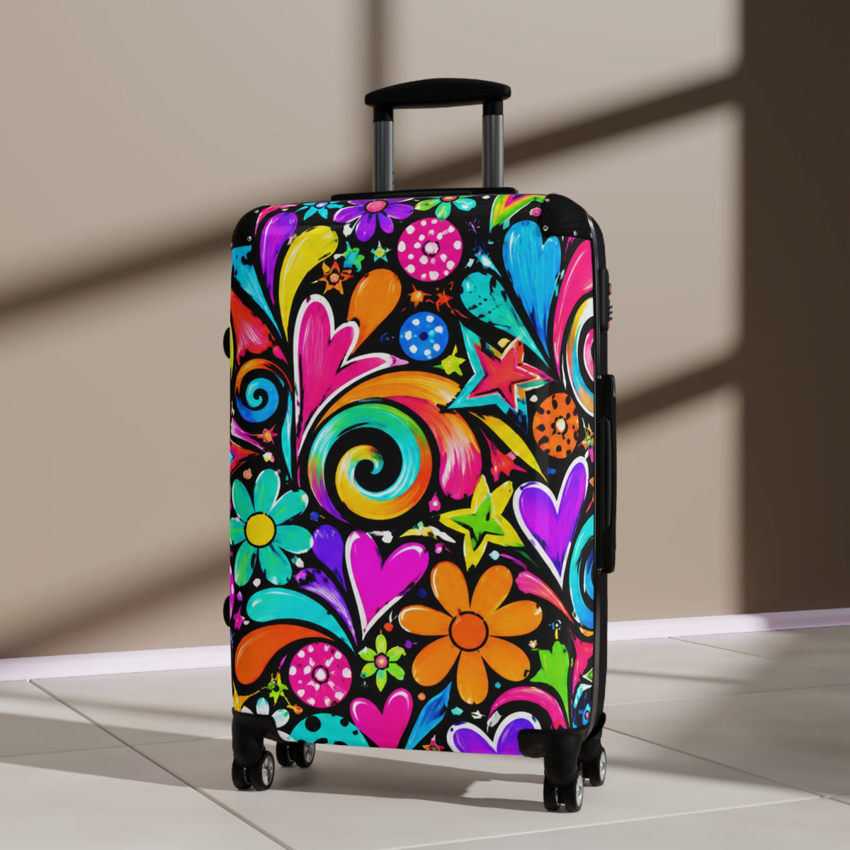 Colorful Retro Floral Suitcase — Bright Hippie Heart & Star Luggage Cover