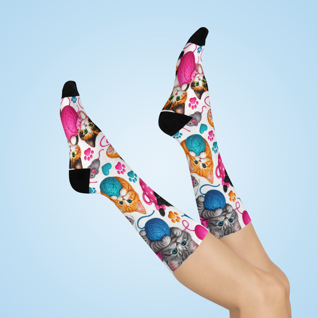 Kittens with Yarn Crew Socks | Cat Paw Pattern, Playful Cat Design