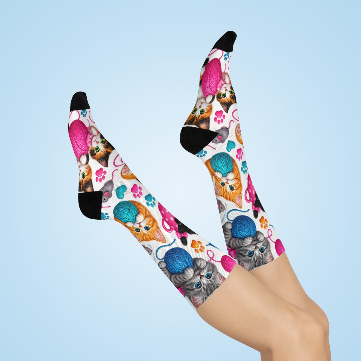 Kittens with Yarn Crew Socks | Cat Paw Pattern, Playful Cat Design