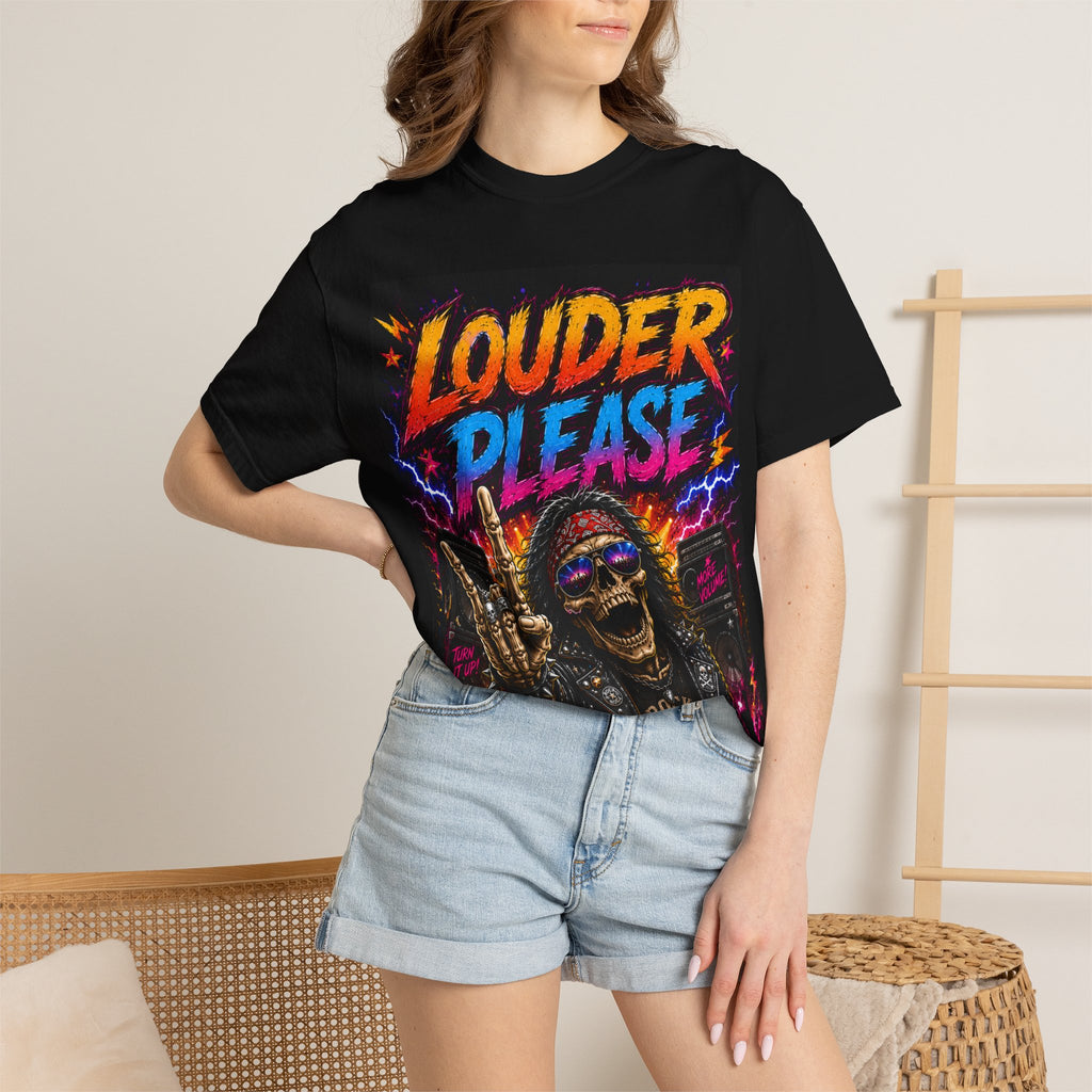 Louder Please Skull Rocker T-shirt | Retro Neon Heavy Metal Tee